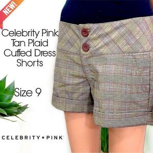 New Celebrity Pink Tan Plaid Cuffed Dress Shorts